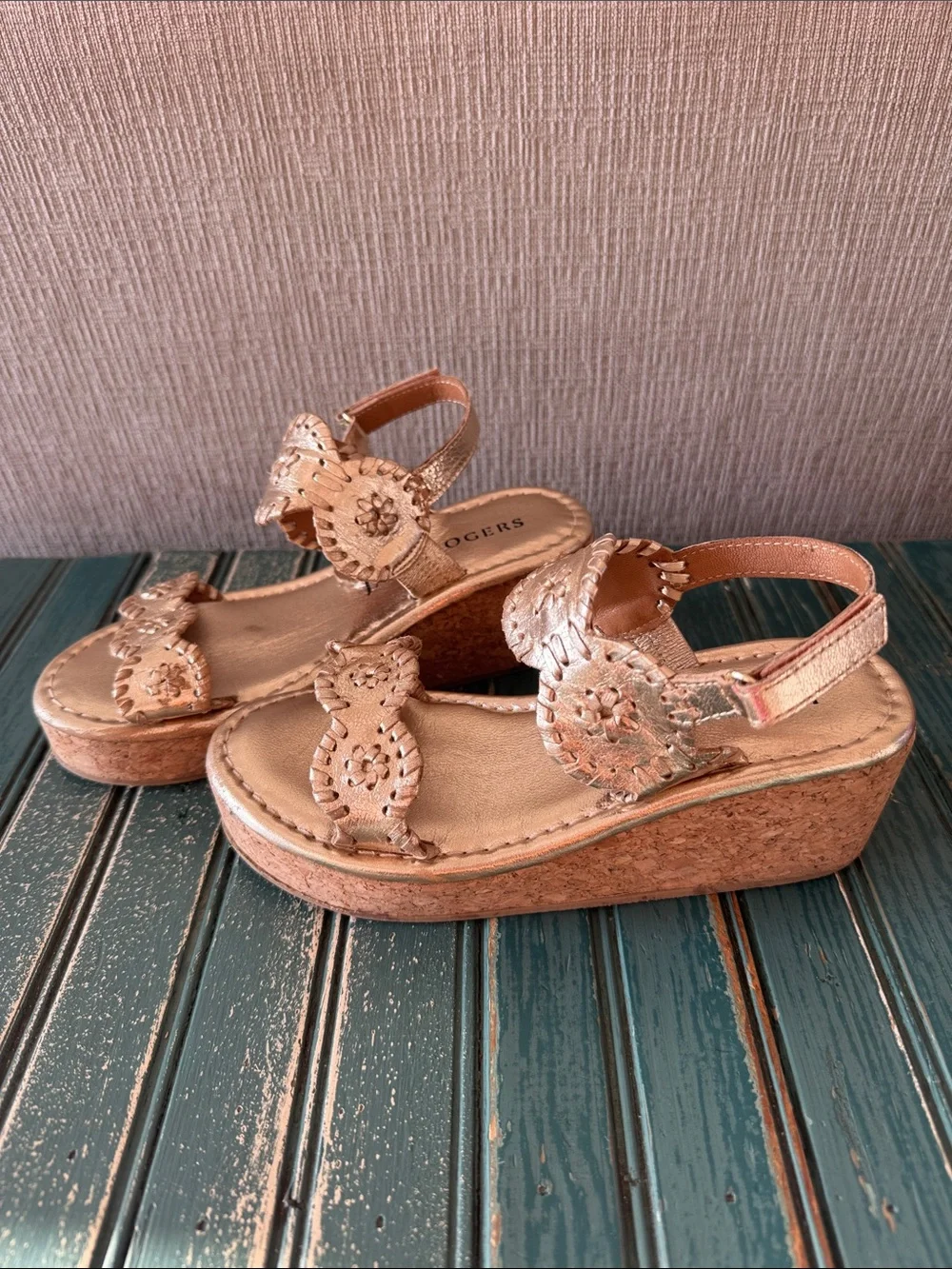 Girls Jack Rogers Metallic Gold Wedge Sandals with Floral Cutouts